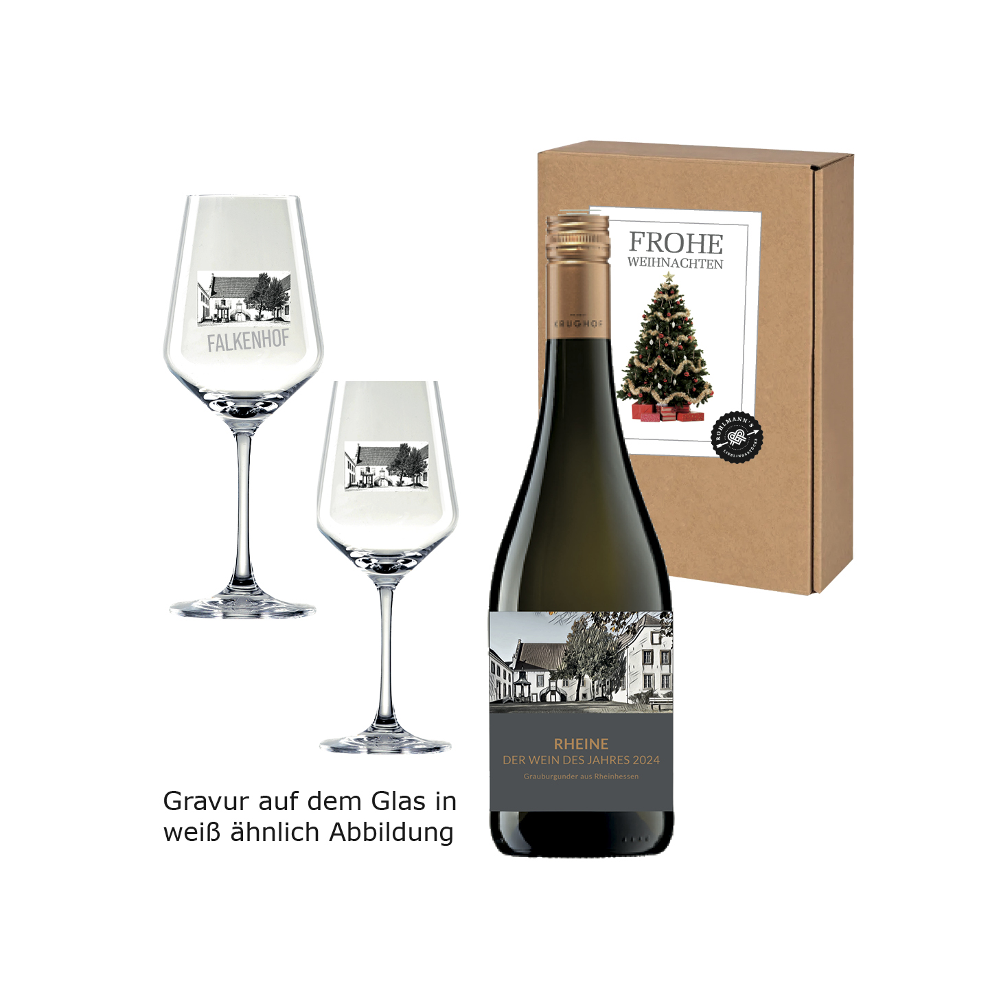 Geschenkset " RHEINE - Der Wein des Jahres 2024" & 2 Weingläser mit Motiv des Falkenhofs